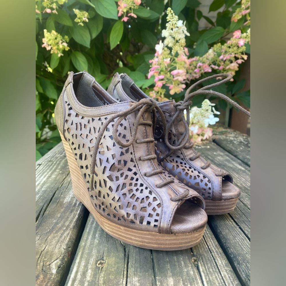 Gently Used Brown Faux Leather Cut Out Wedge Sandals